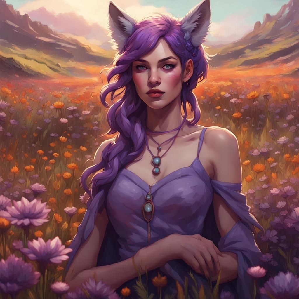 Purple Haired Woman in Flower Field, Detailed Digital Art