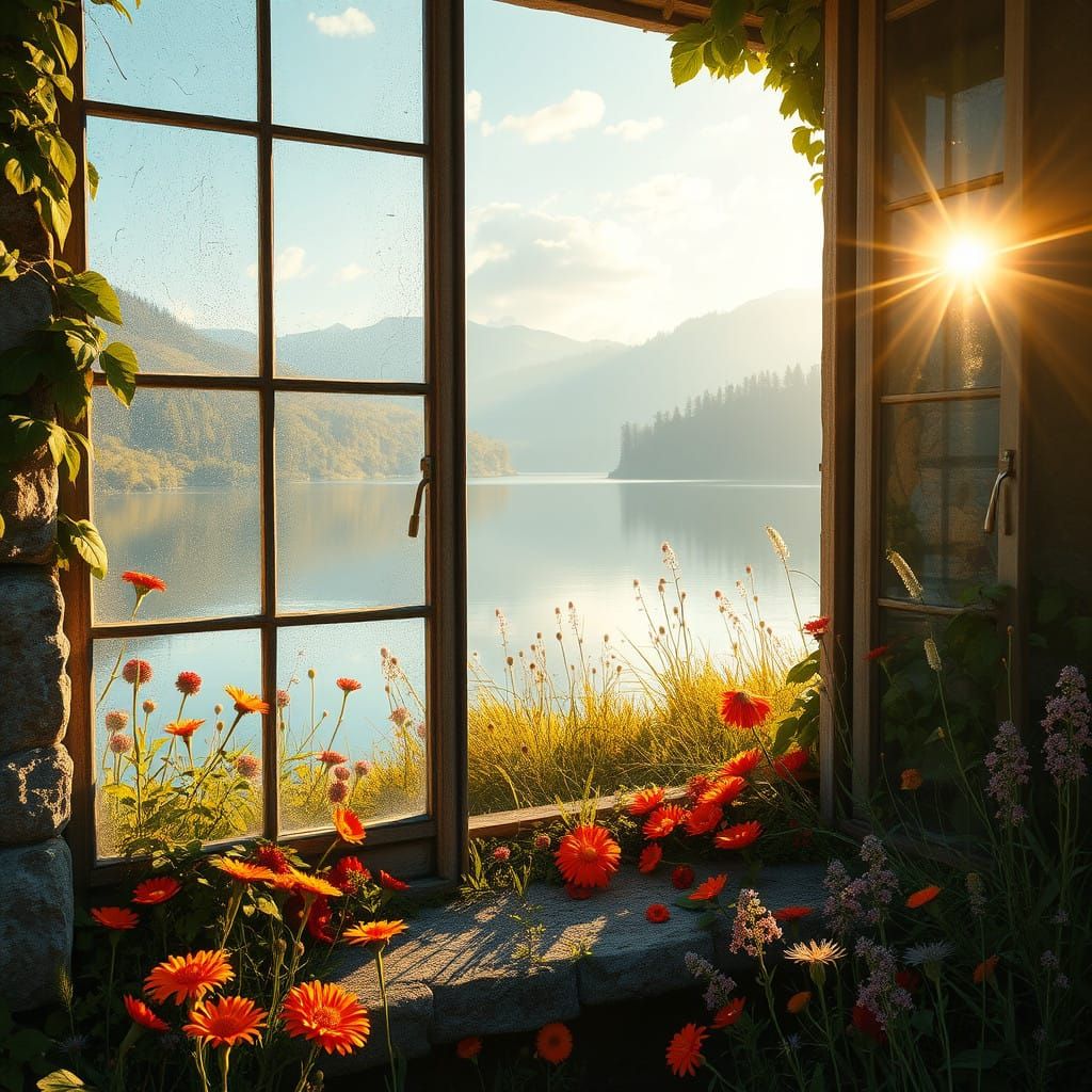 Dreamlike Idyllic Fantasy Landscape with Vibrant Wildflowers...