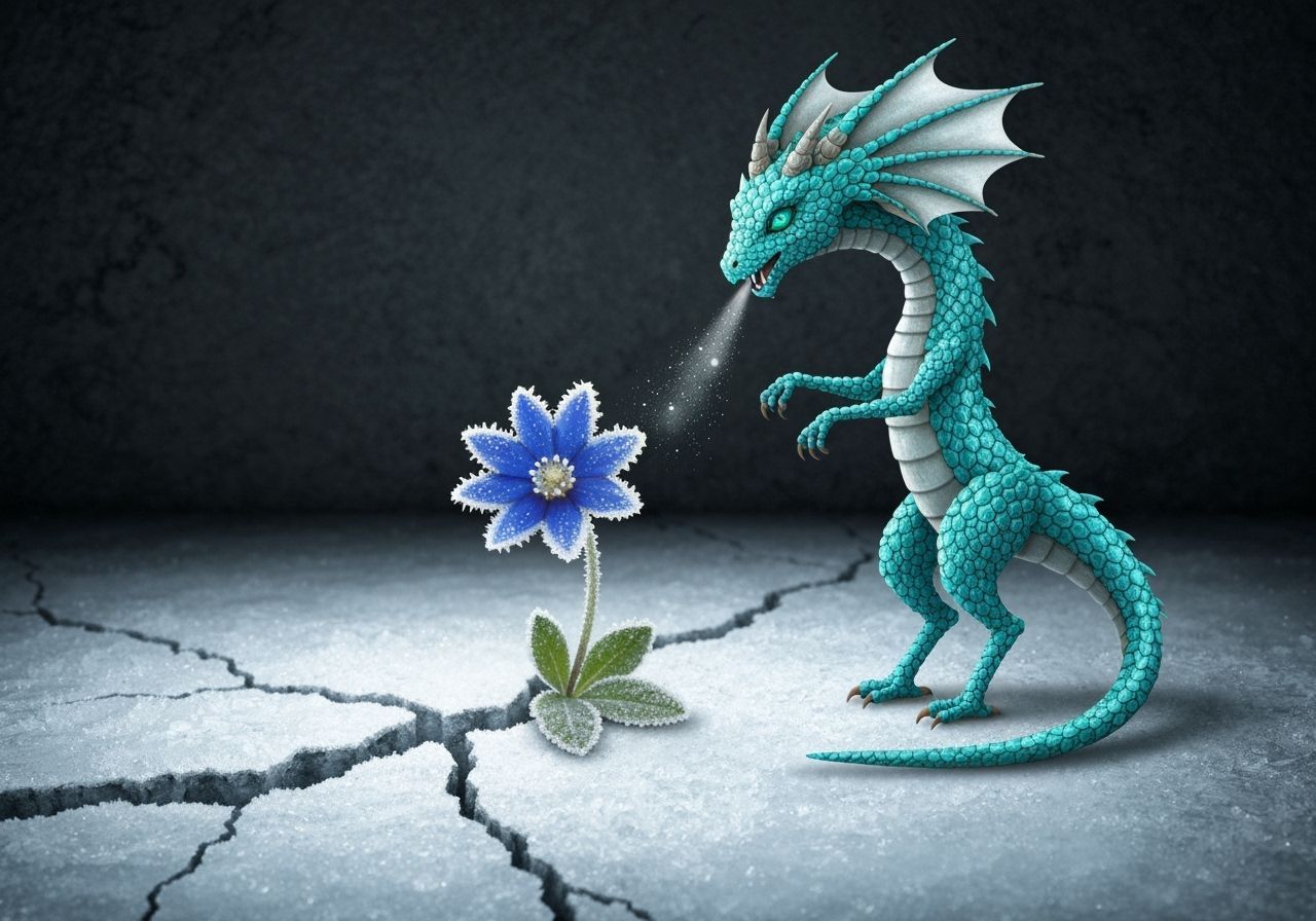 Gentle Turquoise Dragon Thaws Indigo Flower in Icy Cave