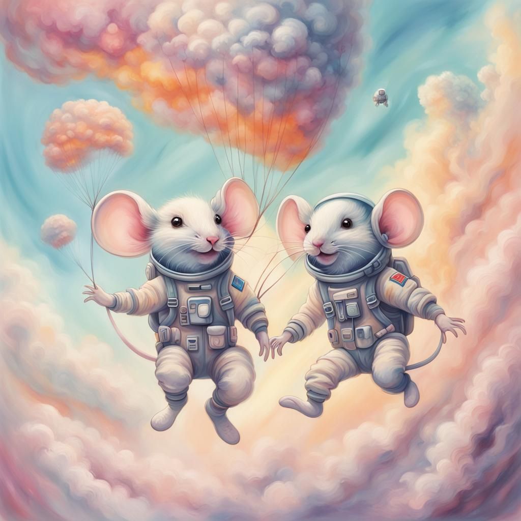 Pastel Astronaut Mice Skydiving Adventure