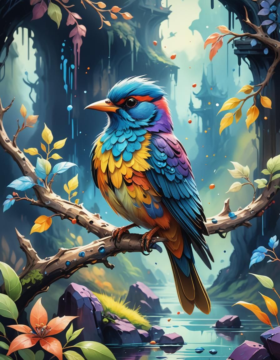 Colorful Bird in Gouache and Watercolor Style