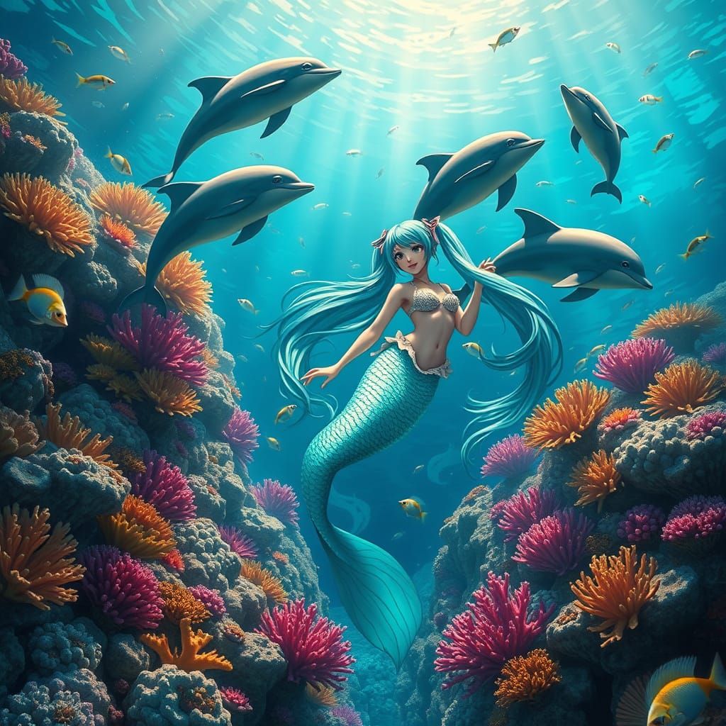 Mermaid Goddess in Vibrant Coral Reef Scene
