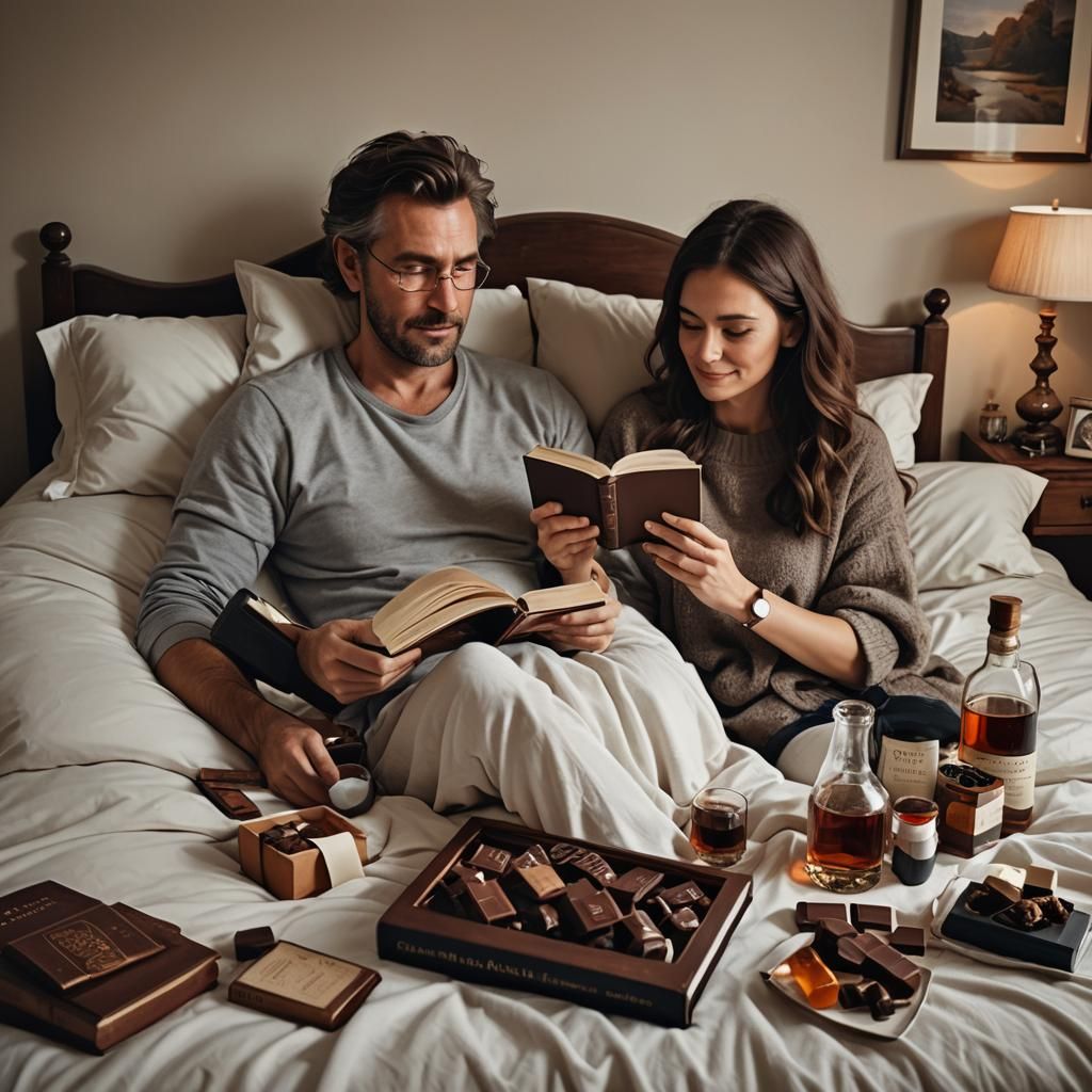 Cozy Day in Bed: Whiskey, Book, and Chocolate