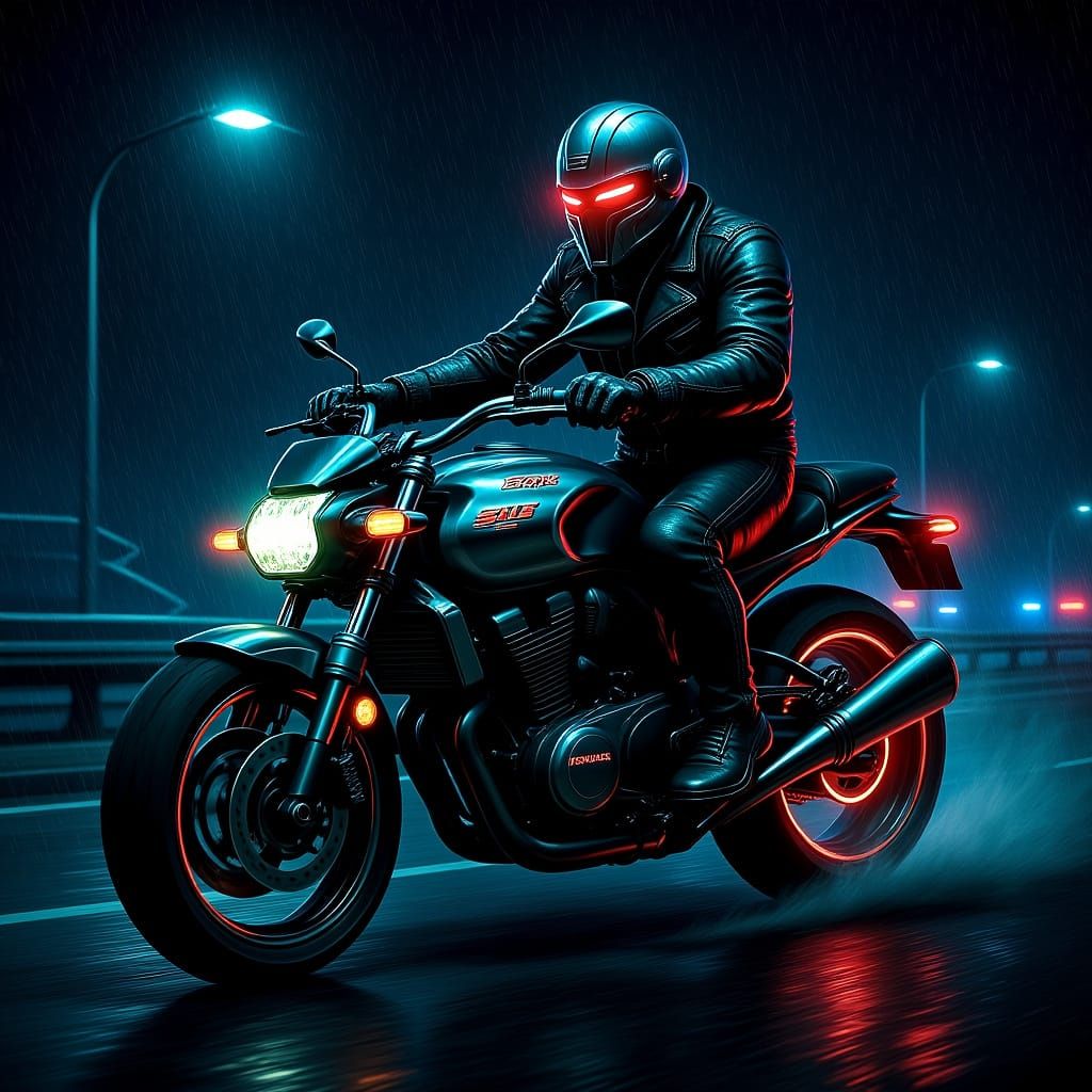Motorcyclist Speeds Down Rainy Highway in Cyberpunk Style