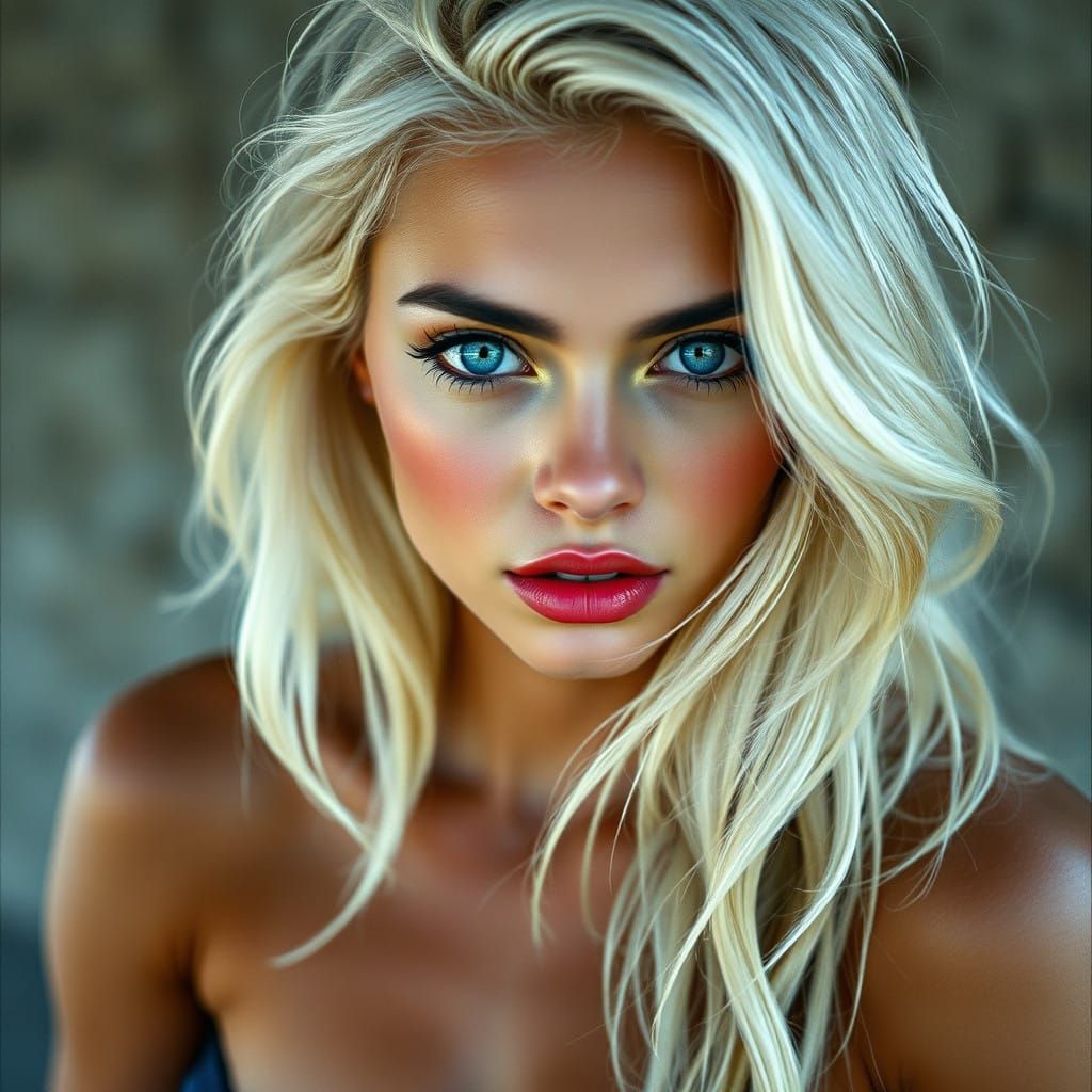 Glamorous Platinum Blonde Woman with Piercing Blue Eyes