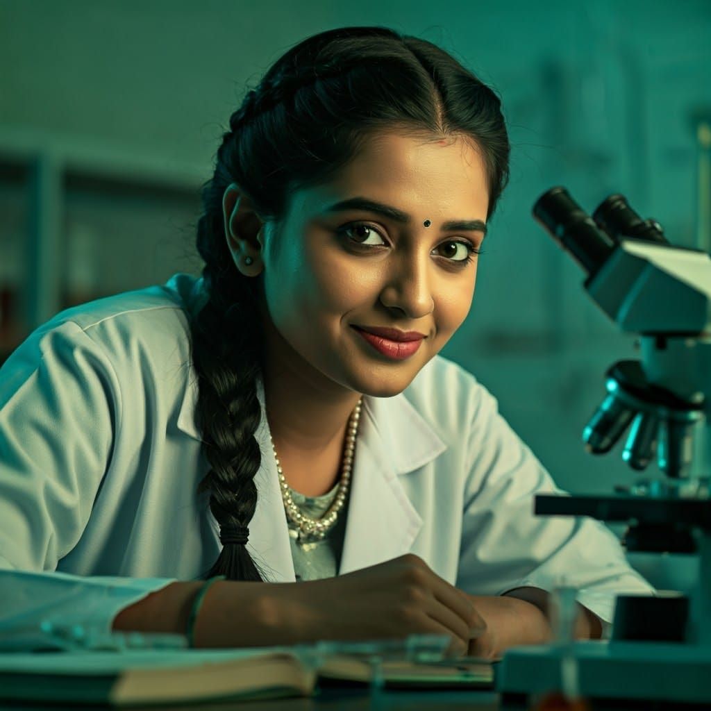 Indian Science Student in Lab, Cinematic Portrait