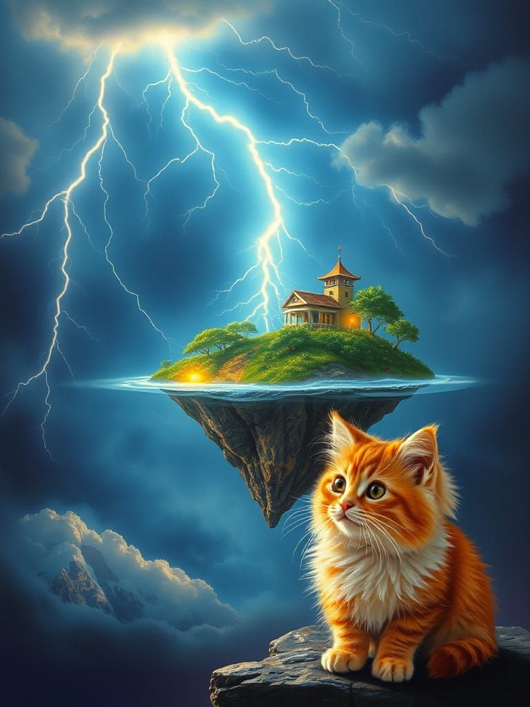 Whimsical Mystic Cat on a Celestial Isle
