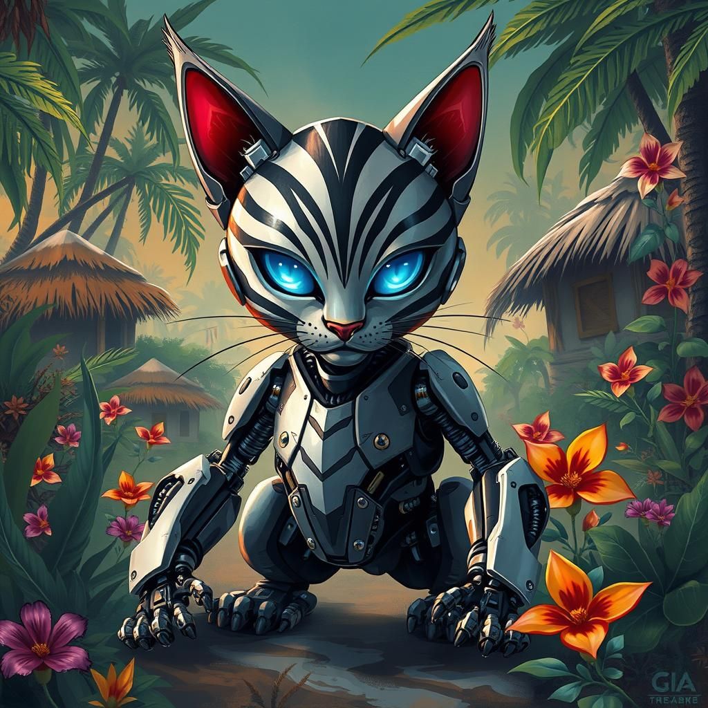 Robot Zebra Cat in Futuristic Jungle Style