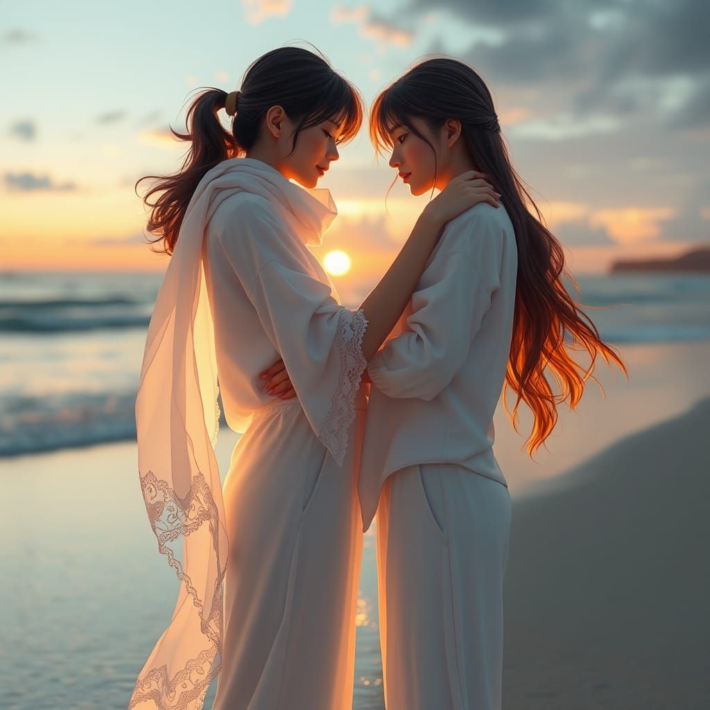 Romantic Beach Sunset Embrace in 3D Anime Style