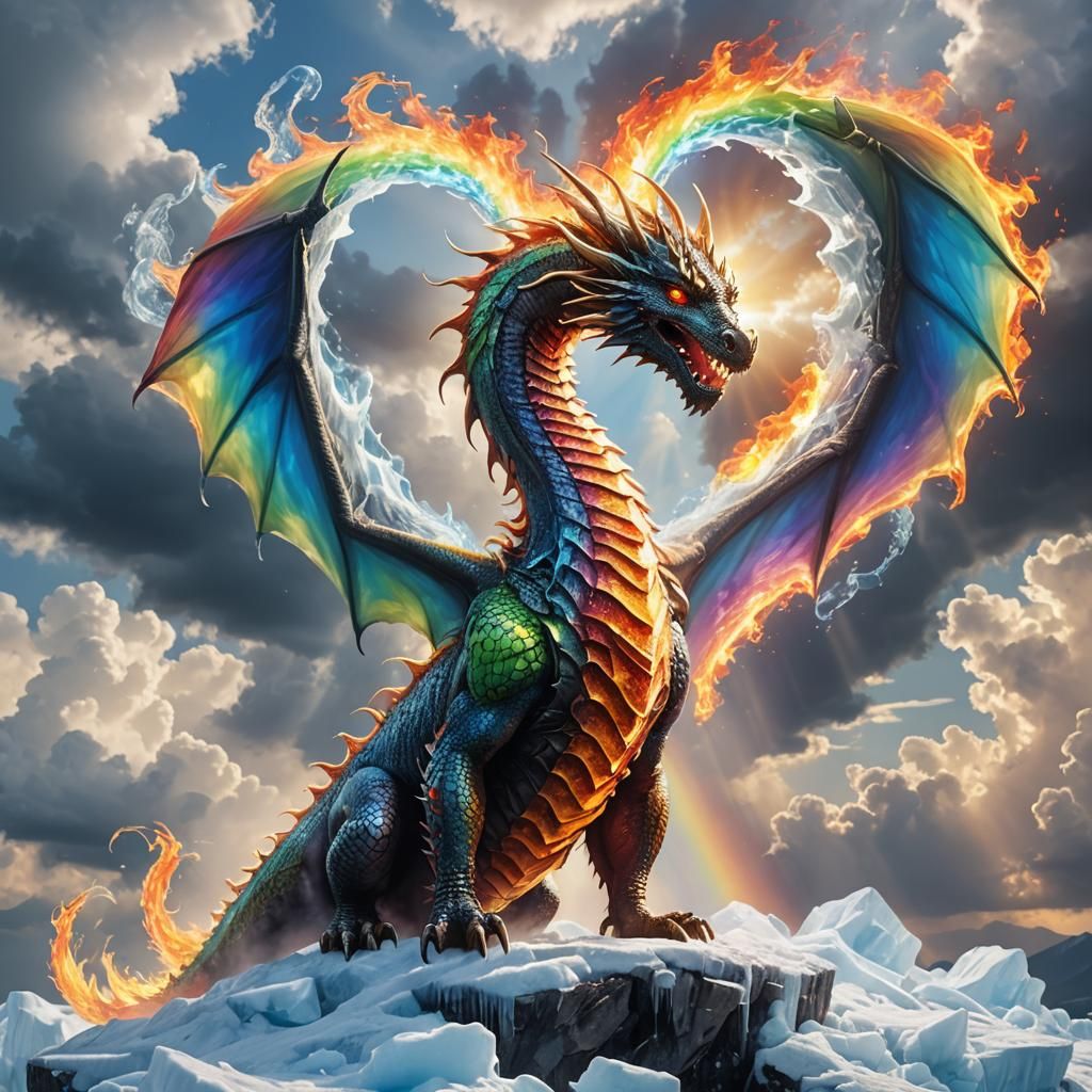 Fiery Dragon Heart in Rainbow Sky