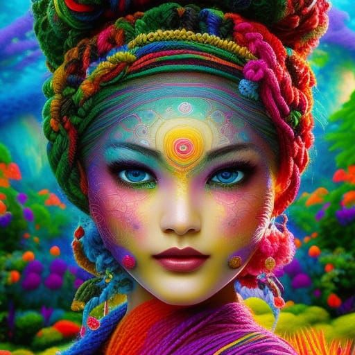 Yarn Rainbow Girl in Intergalactic Galaxy: Crochet Art