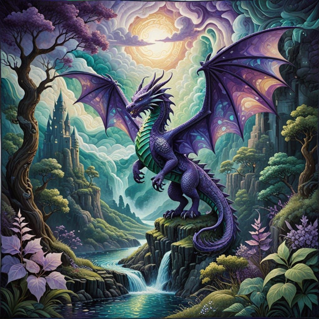 Majestic Purple Dragon in Vibrant Art Quilt with Fantasy Lan...