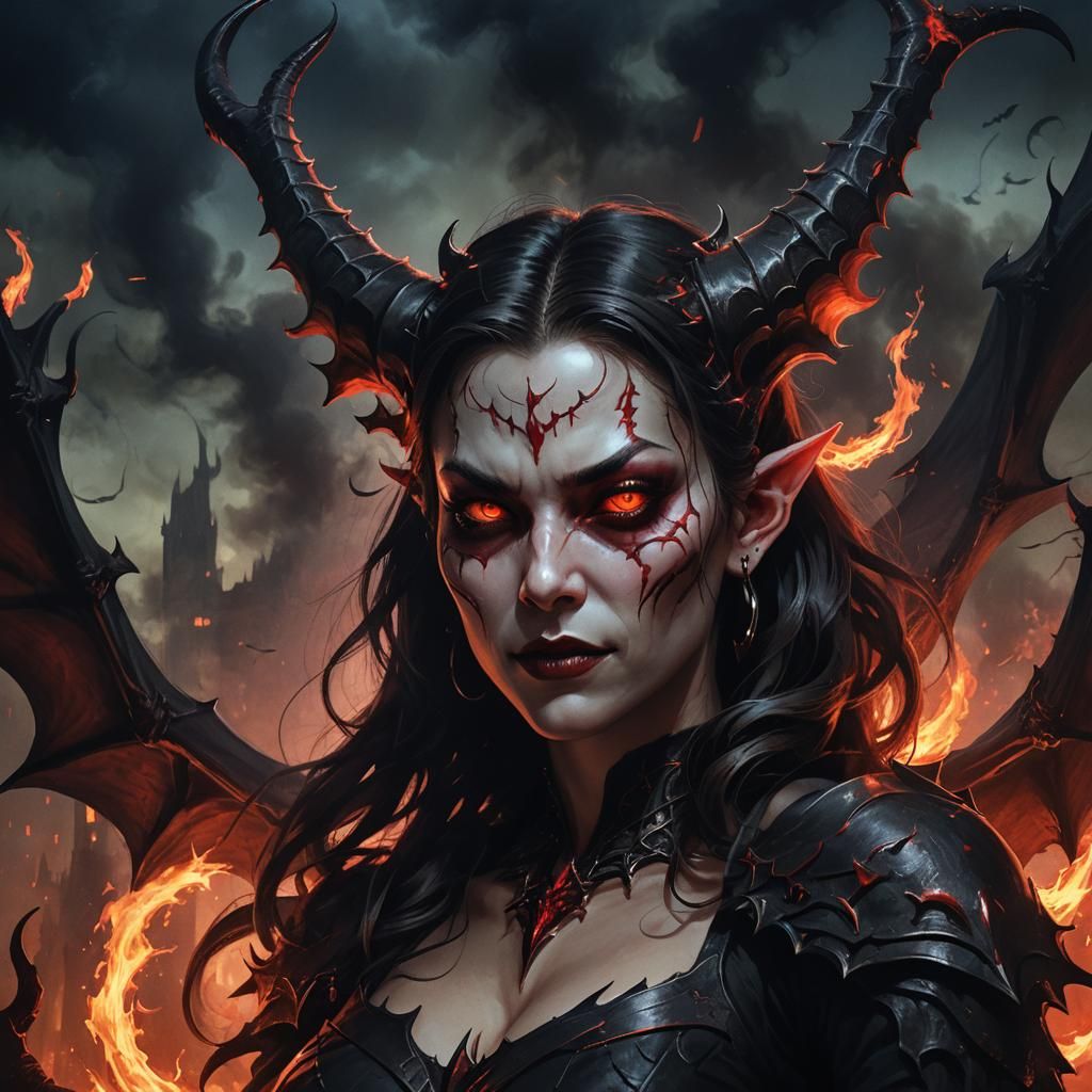 Devilish Woman with Twisted Horns and Glowing Eyes