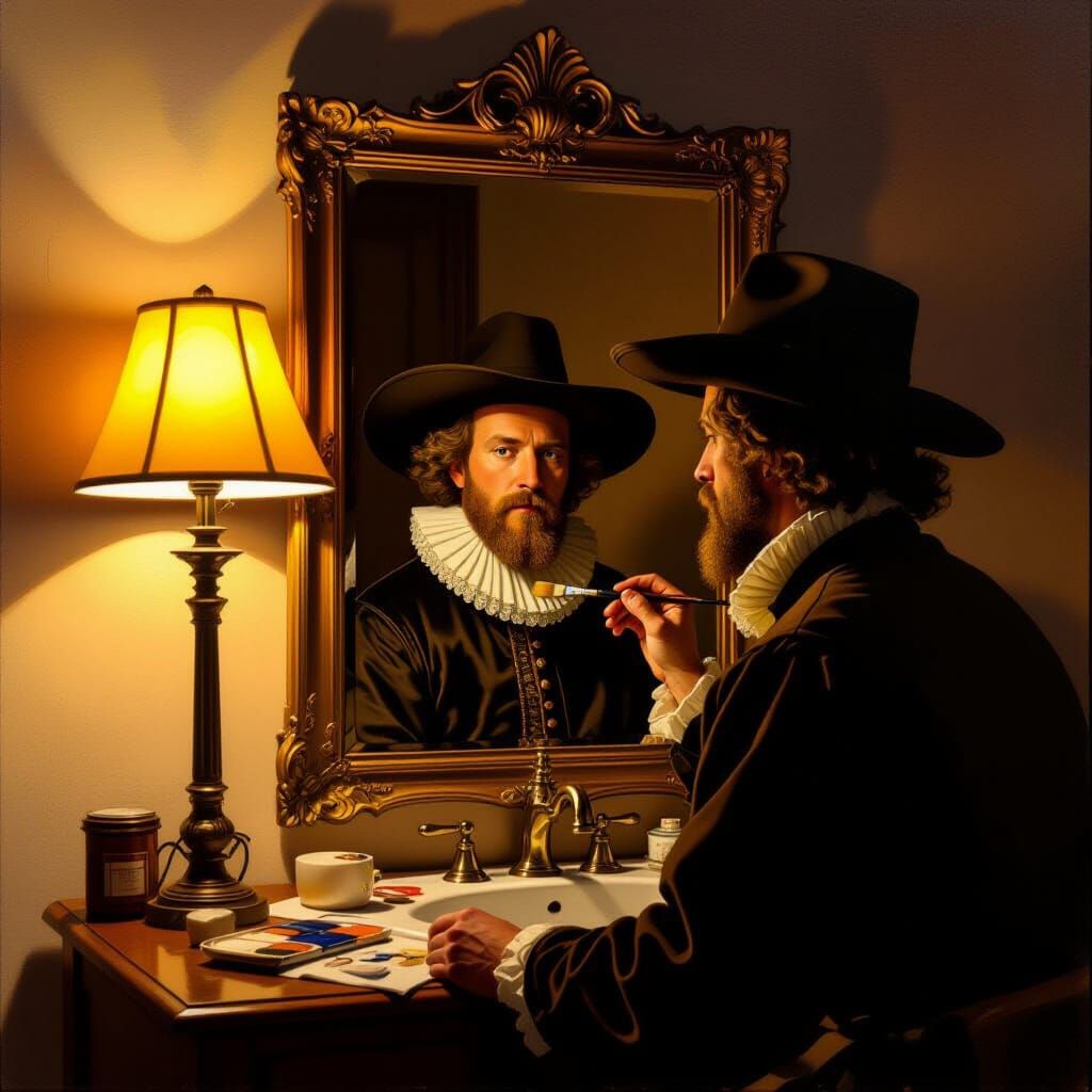 Man Paints Self-Portrait on Mirror in Chiaroscuro Style