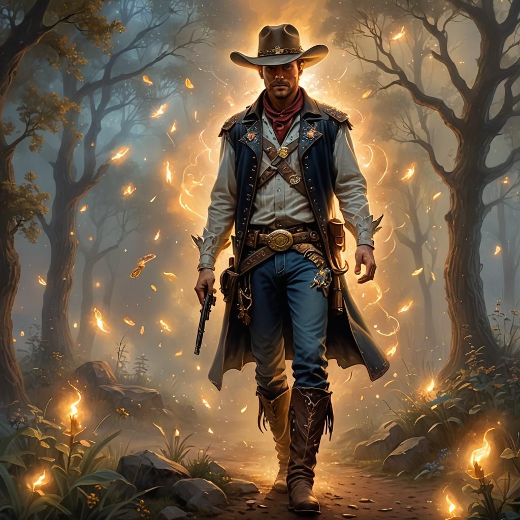 Mystical Cowboy with Six Shooters in Golden Light
