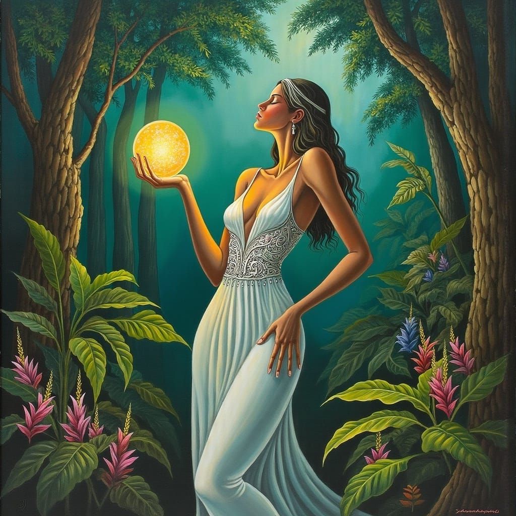 Woman in Forest Holding Orb with Dreamlike Lighting