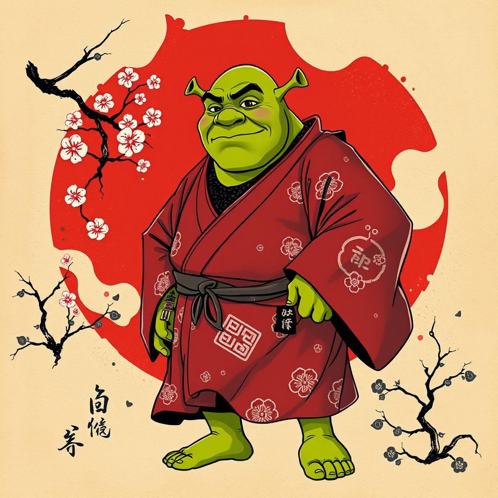 Shrek in Japanese Anime Style with Sakura Blossoms