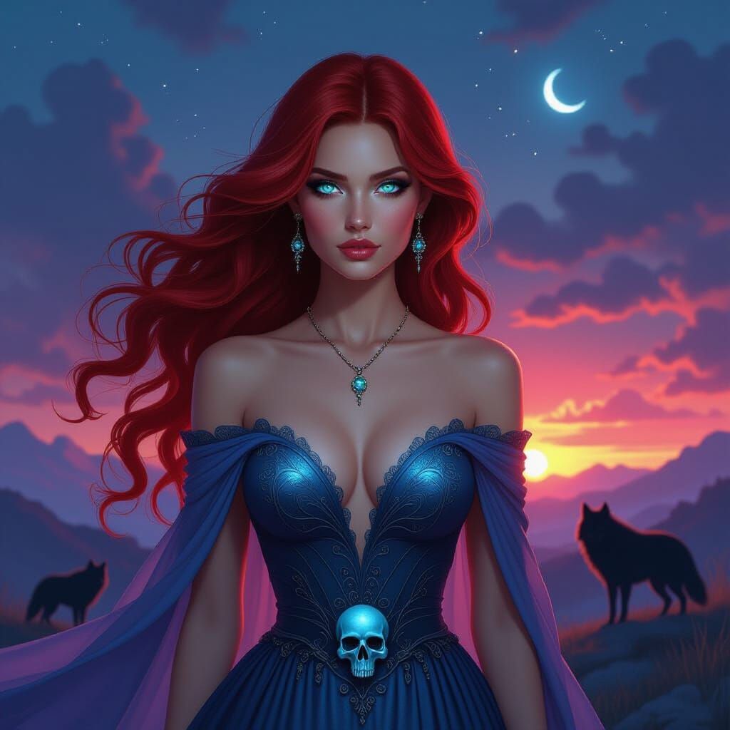 Dark Fantasy Woman with Red Hair and Turquoise Eyes