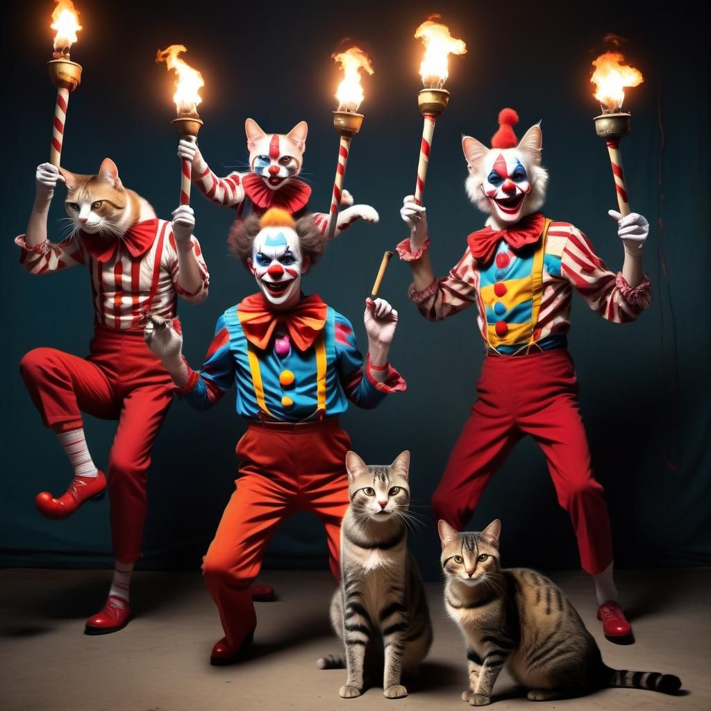 Chaotic Circus Clowns Juggling Torches