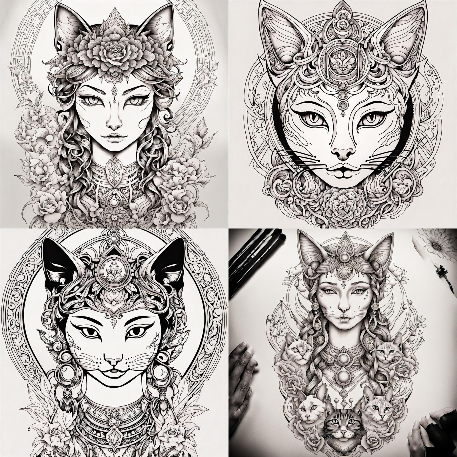 Cat Goddess Tattoo Design in Detailed Line Art