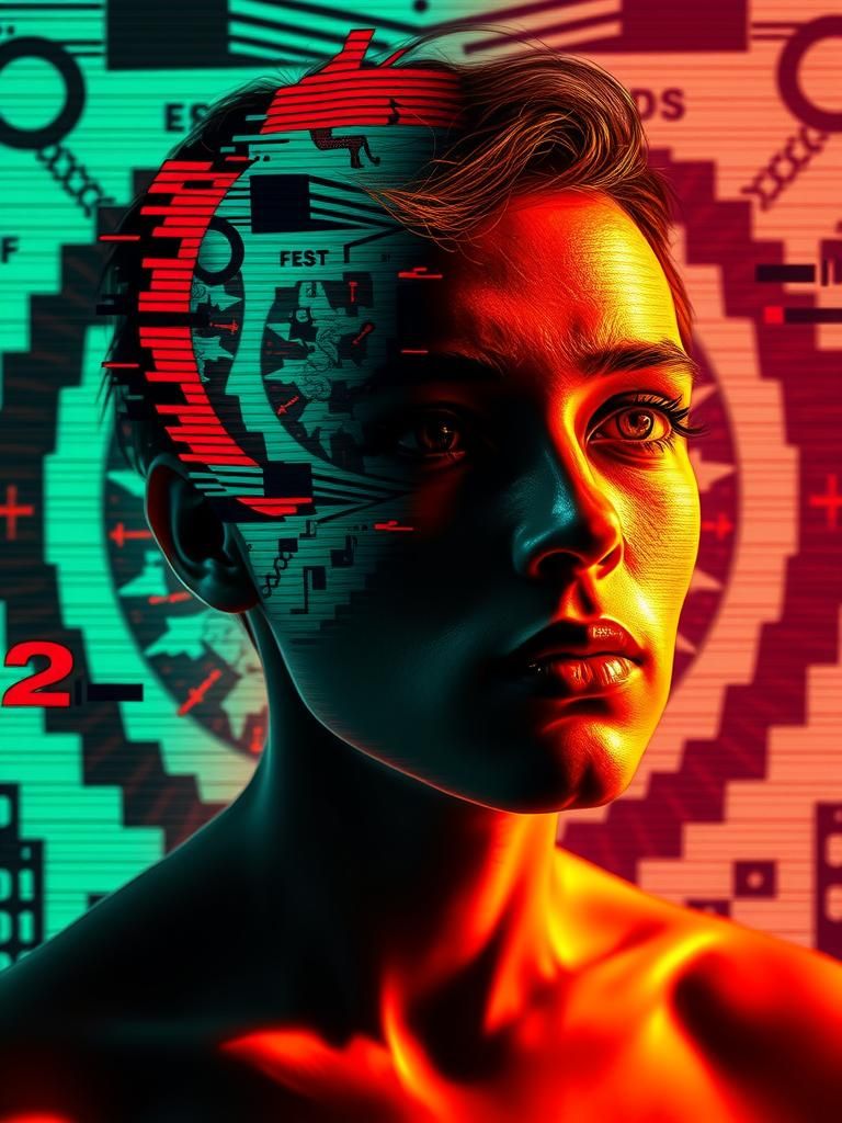 Distorted Portrait in Art Nouveau Glitch Style