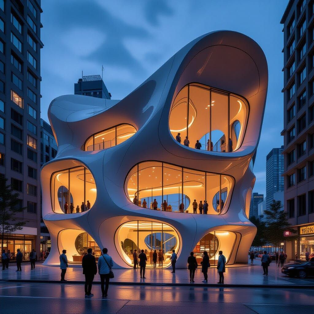 Futuristic Building Entrance on City Street at Dusk
