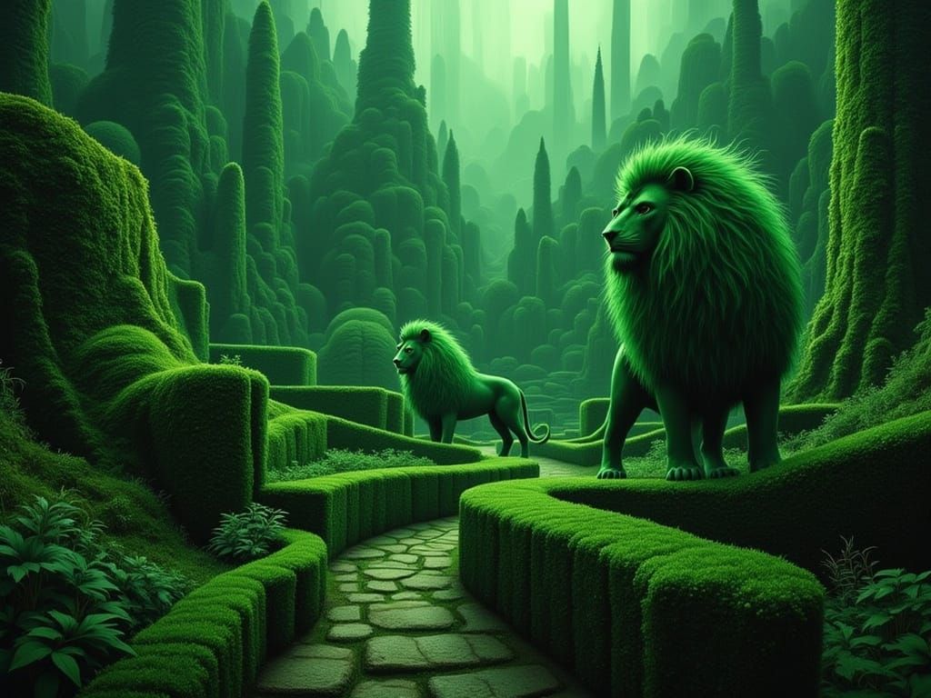 Emerald Labyrinth Guardians: Mysterious Lions of Hedged Ston...