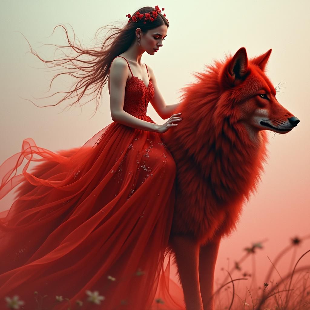 Woman on Red Wolf in Ethereal Digital Watercolor