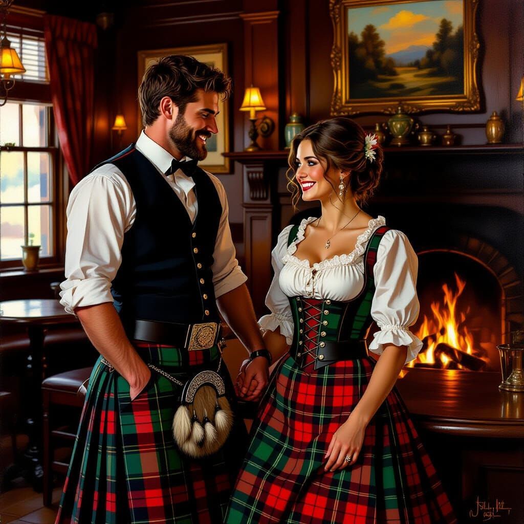 Couple in Kilts Tease Each Other in Cozy Pub