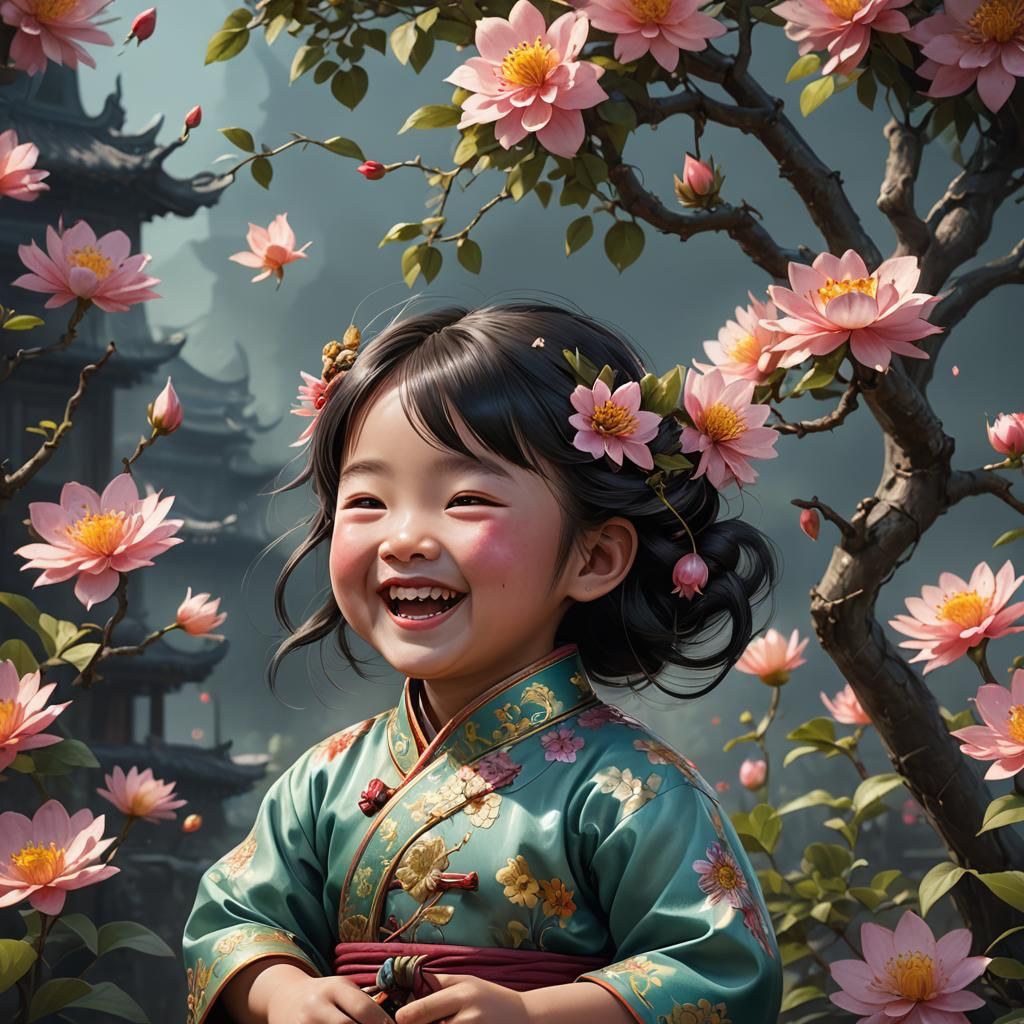 Laughing Chinese Toddler with Flower: Fantasy Concept Art