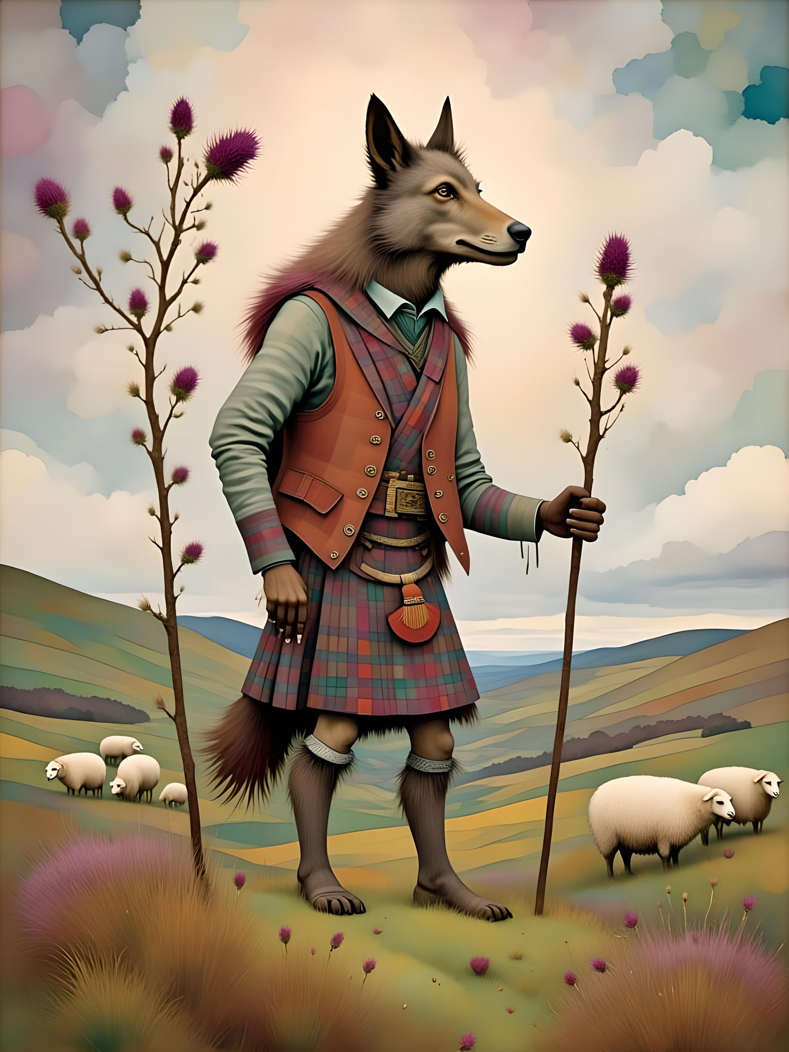 Scottish Wolfman Shepherd in a Pastel Landscape