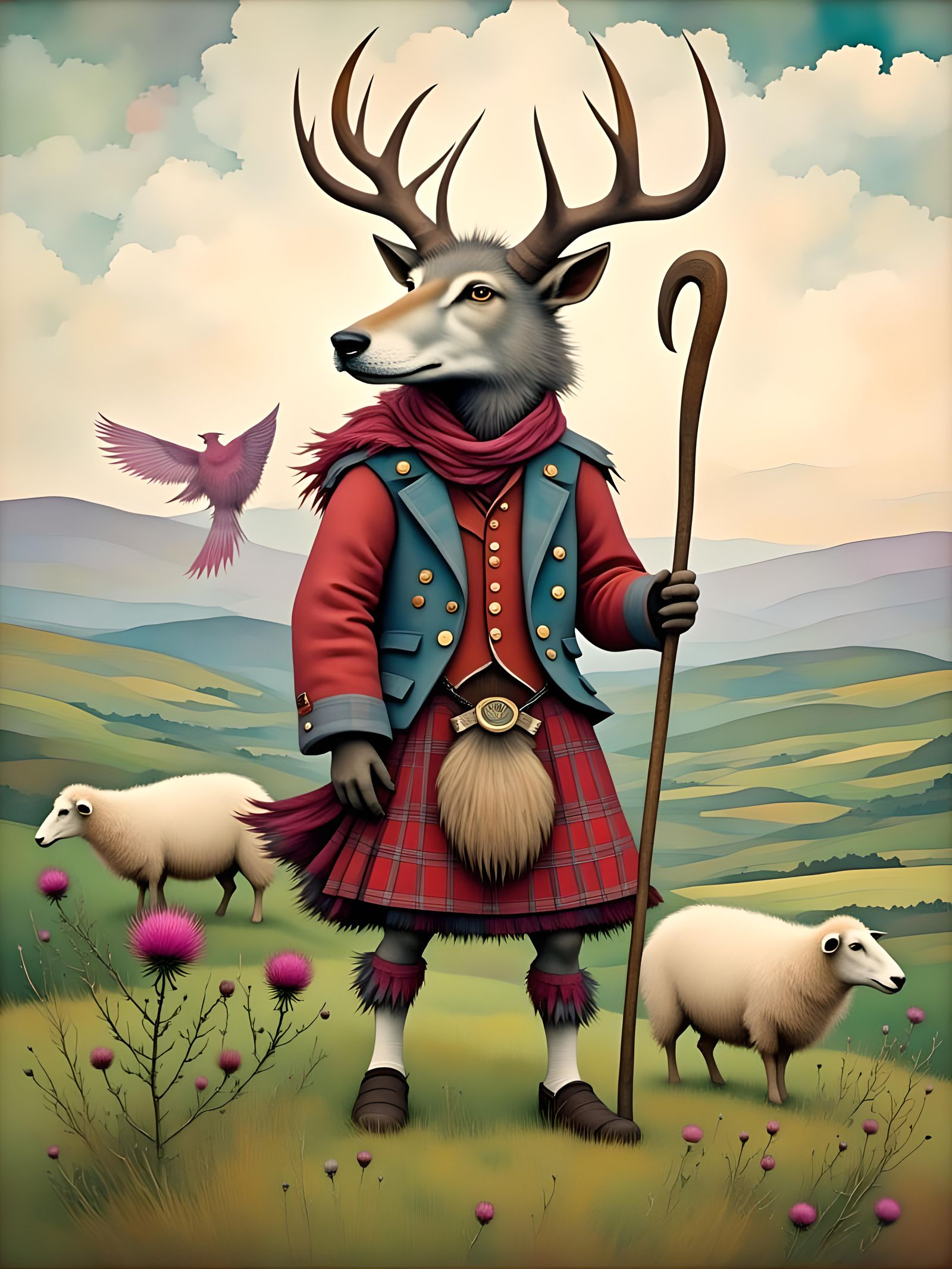 Scottish Wolfman Shepherd Overseeing Flock