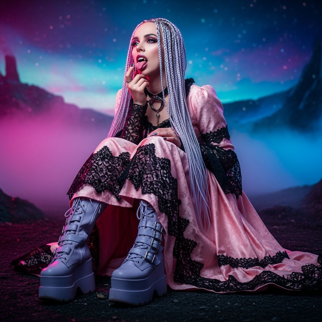 Goth Vampire Woman with Pastel Braids in Cinematic Shot