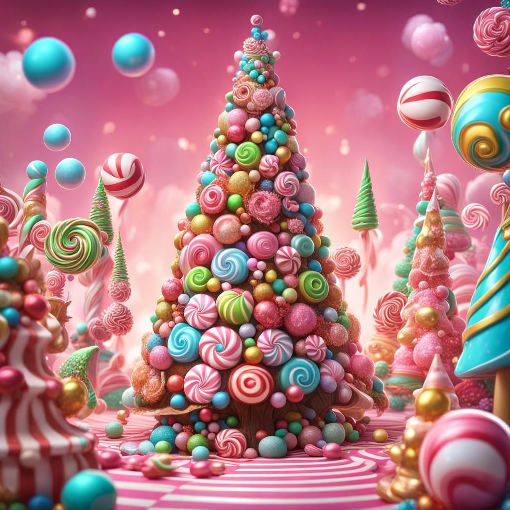 Cinematic fantasy Candyland Christmas tree,