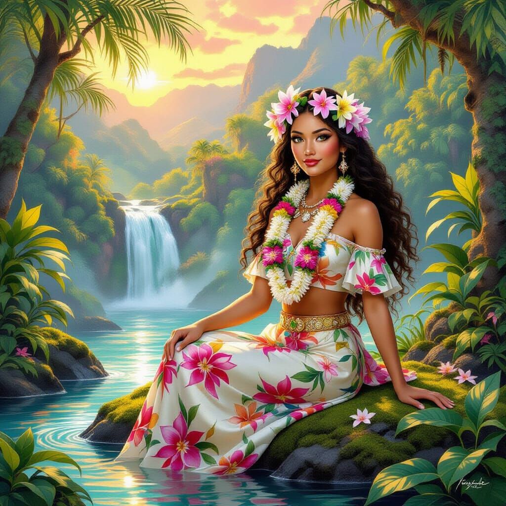 Hawaiian Goddess with Orchid Crown and Waterfall