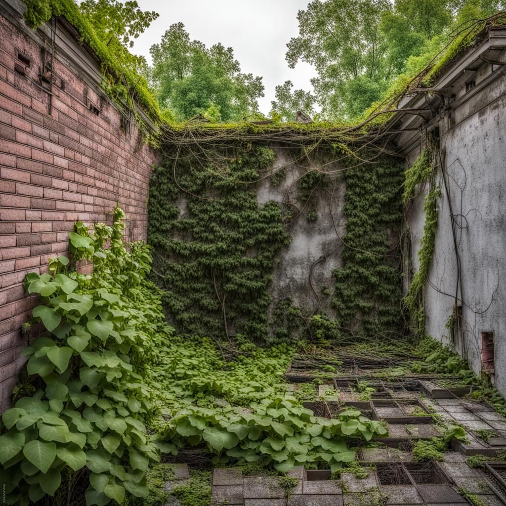Lush Rooftop Urban Garden in Abandoned Setting