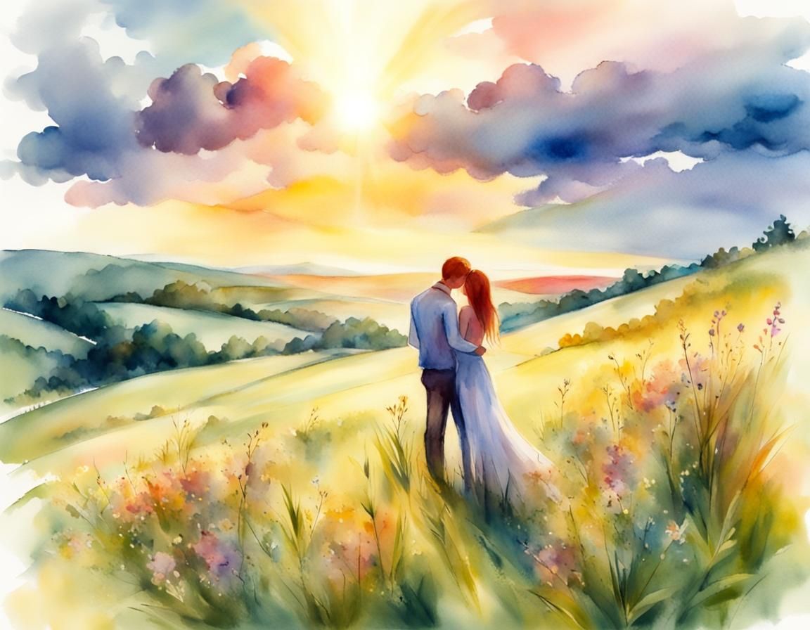 Lovers Kissing on Hillside in Watercolor Summer Landscape