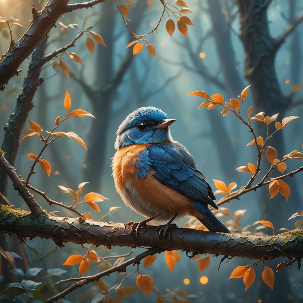 Blue Baby Bird in Mystical Forest Art