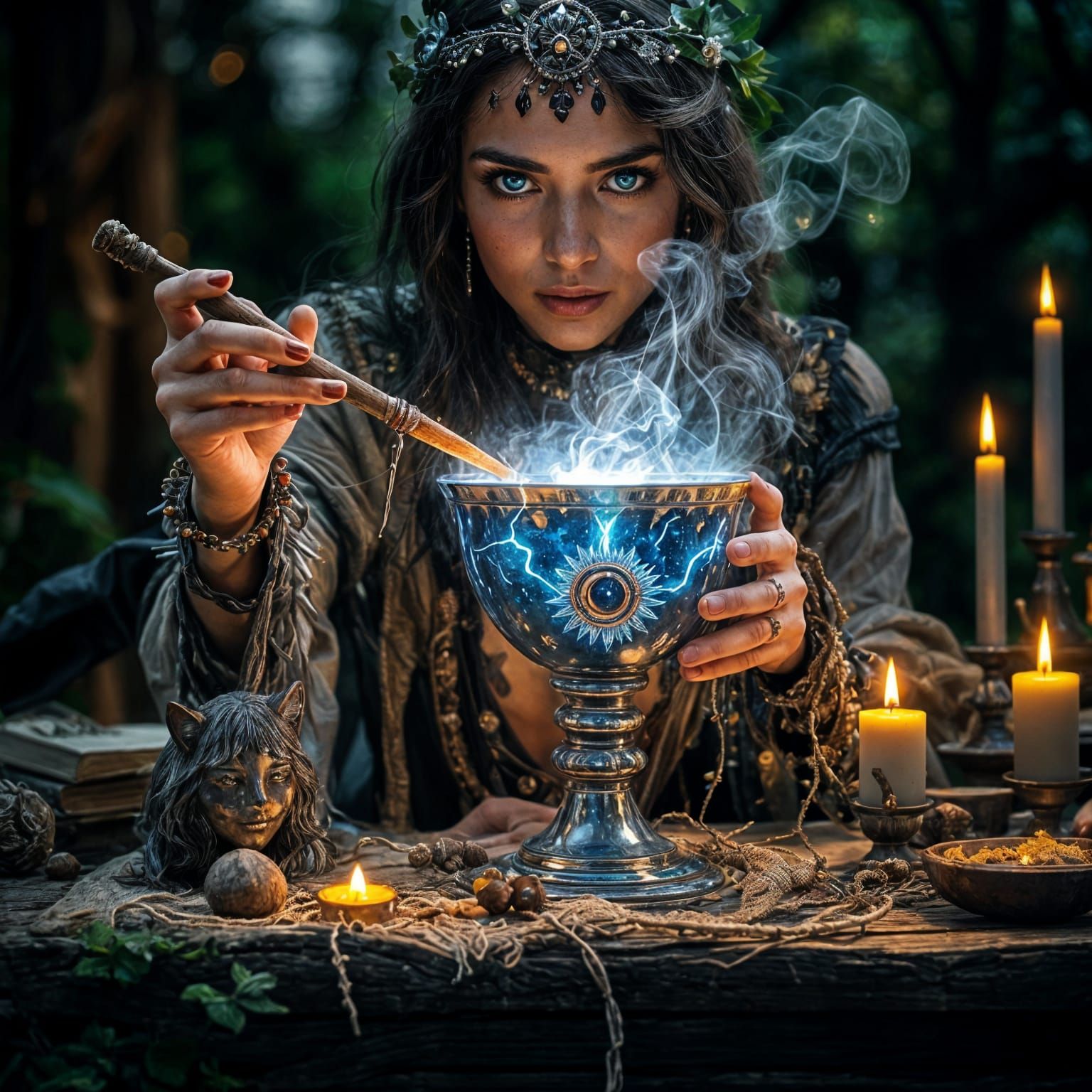 Shamanic Witch with Glowing Wand and Bubbling Chalice