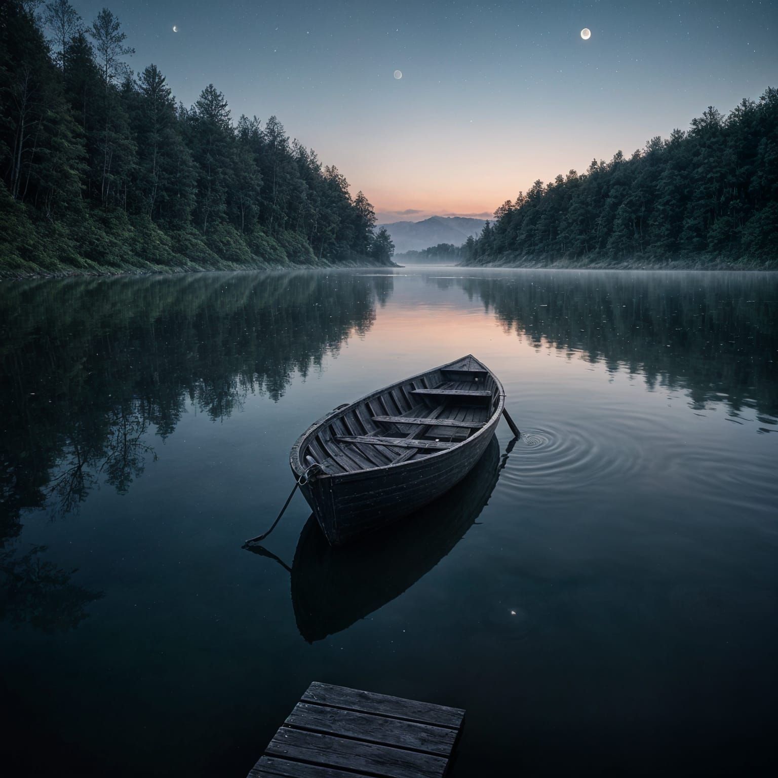 Mysterious Nighttime Scene with Abandoned Row Boat Under Moo...
