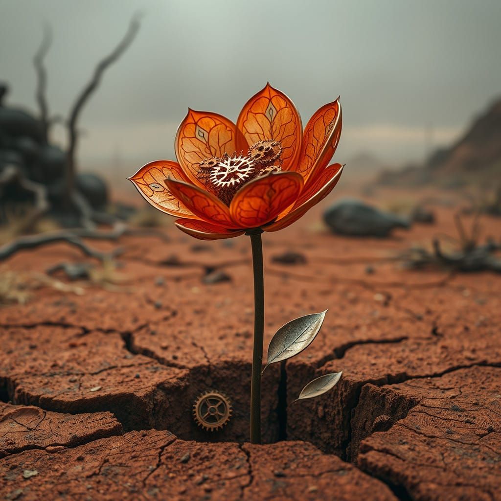 Elegant Mechanical Dahlia Blooms in Barren Wasteland
