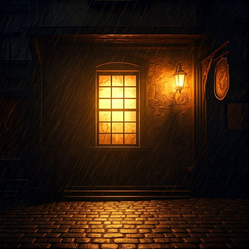Glowing Tavern Window on Rainy Cobblestone Street