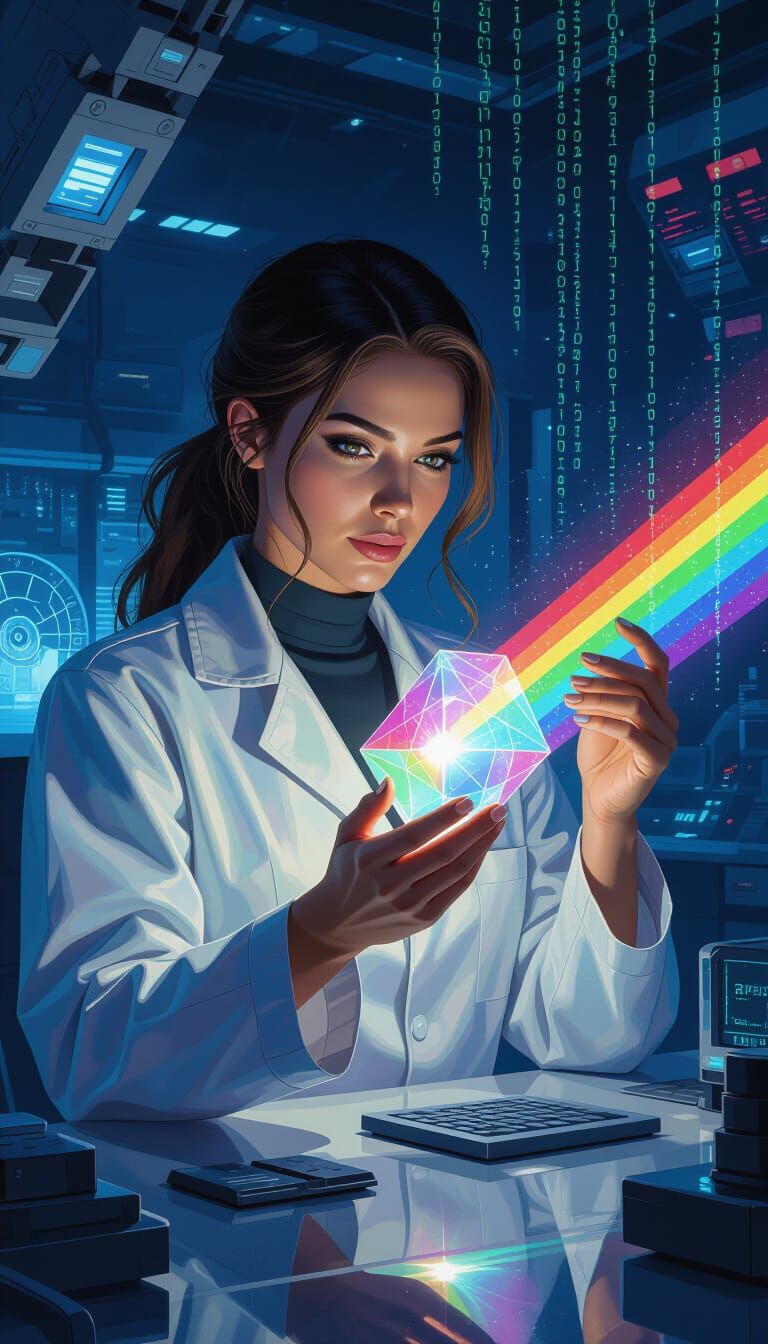 Woman Refracts Light in Futuristic Neon Lab