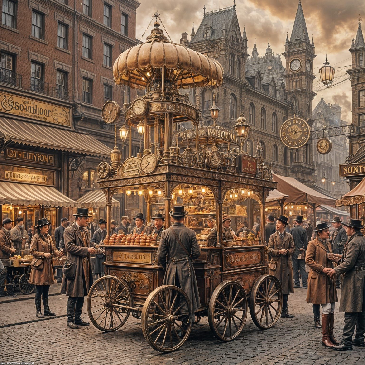 Steampunk Hotdog Stand in Bustling Market Square