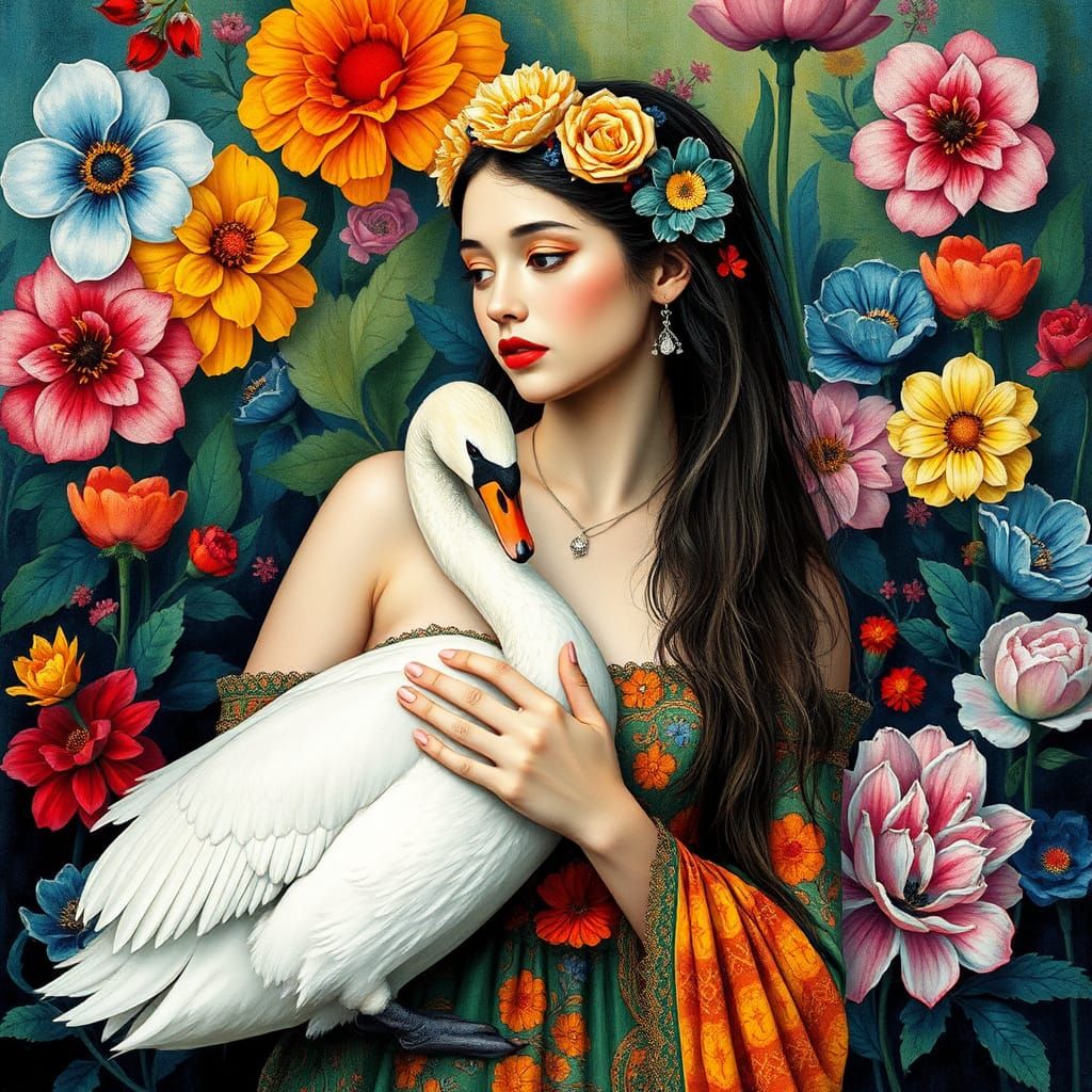 Woman Holding Swan in Vivid Alcohol Ink Style