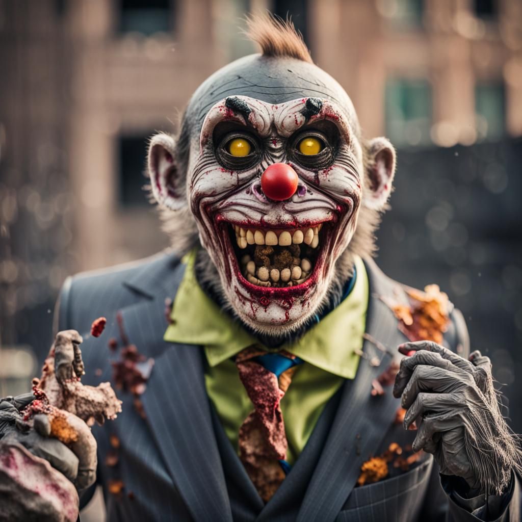Zombie Clown Monkey in Bombed City, Sharp Focus