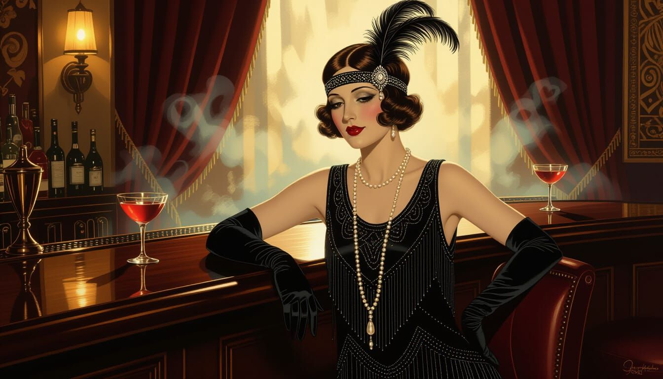 Highly detailed 1920s speakeasy bar scene, warm moody lighting, cinematic shadows and ambient glow. Elegant flapper woma...