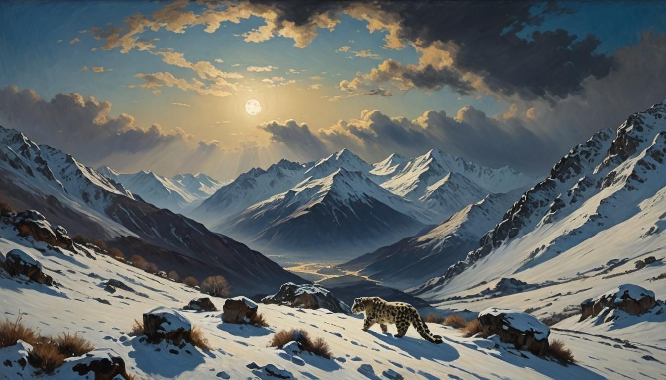 Moonlit Snow Leopard on a Mountainous Landscape