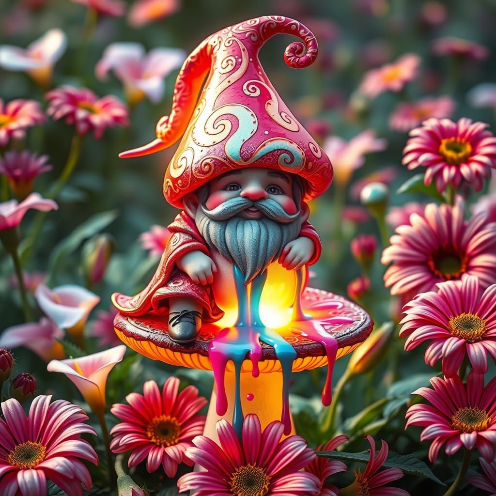 Garden Gnome in Vibrant, Glowing Wonderland