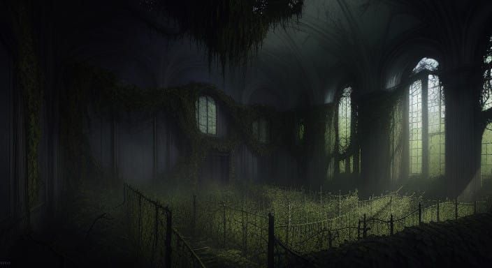 Dark Abandoned Ruins Overgrown with Sinister Vines in a Haun...
